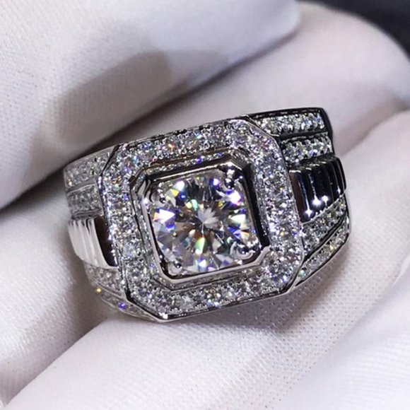 "Fever Square Glitter Zircon Silver Chunky Wedding Rings for Man, PD663 - Picture 8 of 11